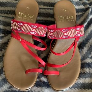 Red and brown wedged sandals